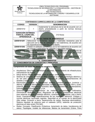 Modelo de Mejora
Continua
LÍNEA TECNOLÓGICA DEL PROGRAMA:
TECNOLOGÍAS DE INFORMACIÓN Y LA COMUNICACIÓN – GESTIÓN DE
LA INFORMACIÓN
RED TECNOLÓGICA :
TECNOLOGÍAS DE LA INFORMACIÓN Y DISEÑO Y DESARROLLO DE
SOFTWARE
8
CONTENIDOS CURRICULARES DE LA COMPETENCIA
CODIGO VERSION DENOMINACION
220501012 1
Implementar la estructura de la red de acuerdo con un
diseño preestablecido a partir de normas técnicas
internacionales
DURACIÓN ESTIMADA
PARA EL LOGRO DEL
APRENDIZAJE
310 Horas
2. RESULTADOS DE APRENDIZAJE
22050101201 Seleccionar herramientas, equipos y materiales necesarios para la
ejecución de la obra de cableado y/o red inalámbrica, de acuerdo con
las especificaciones definidas en el diseño.
22050101202 Instalar el cableado estructurado y/o la red inalámbrica de acuerdo con
las normas y estándares de cableado y seguridad vigentes.
22050101203 Documentar técnicamente el proceso de instalación de un proyecto de
cableado estructurado y/o red inalámbrica, de acuerdo con las normas
y estándares vigentes.
22050101204 Certificar el cableado estructurado de acuerdo con normas y
estándares vigentes.
3. CONOCIMIENTOS
3.1 CONOCIMIENTOS DE CONCEPTOS Y PRINCIPIOS
Comprensión de todos los temas en español e inglés.
Arquitectura: Obra física, identificación de áreas, reconocimiento de infraestructura,
interpretación de planos.
Dibujo técnico: Redes eléctricas, vistas en planta, cortes arquitectónicos.
Sistema de unidades de medición MKS, medición a escalas, simbología eléctrica y
de red para planos arquitectónicos, rotulación de planos, representaciones de
alzadas y cortes.
Electricidad: Concepto de electricidad estática, corriente eléctrica (continúa y
alterna), fuentes de electricidad, intensidad, tensión, resistencia, ley de Ohm y Joule,
potencia eléctrica, Impedancia. Símbolos eléctricos (Resistencias, condensadores,
bobinas, otros). Circuitos de CC y CA.
Sistemas Eléctricos: Instrumentos de medición (Amperímetro, Voltímetros,
Ohmímetros, Multimetro, otros). Regulación de potencia. Instalaciones eléctricas
para sistemas de redes (Cableado eléctrico, conectores, totalizadores, polo a tierra,
otros). Características y especificaciones de los materiales eléctricos. Códigos y
normas eléctricas nacionales vigentes. Seguridad en el manejo de la electricidad
(Alto voltaje, Conexión a tierra, Separaciones de cables, Descarga electrostática).
Sistema regulado de potencia para el cableado (UPS), sistemas de protección
eléctricas en data center (TIA 942).
Redes: Concepto. Clasificación (Cobertura, transmisión de datos, transferencia de
datos). Topologías, modelo de referencias. Medios de transmisión (Cobre, Fibra
 