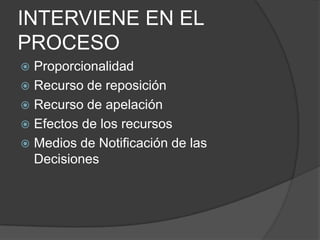 INTERVIENE EN EL
PROCESO
 Proporcionalidad
 Recurso de reposición
 Recurso de apelación
 Efectos de los recursos
 Medios de Notificación de las
Decisiones
 