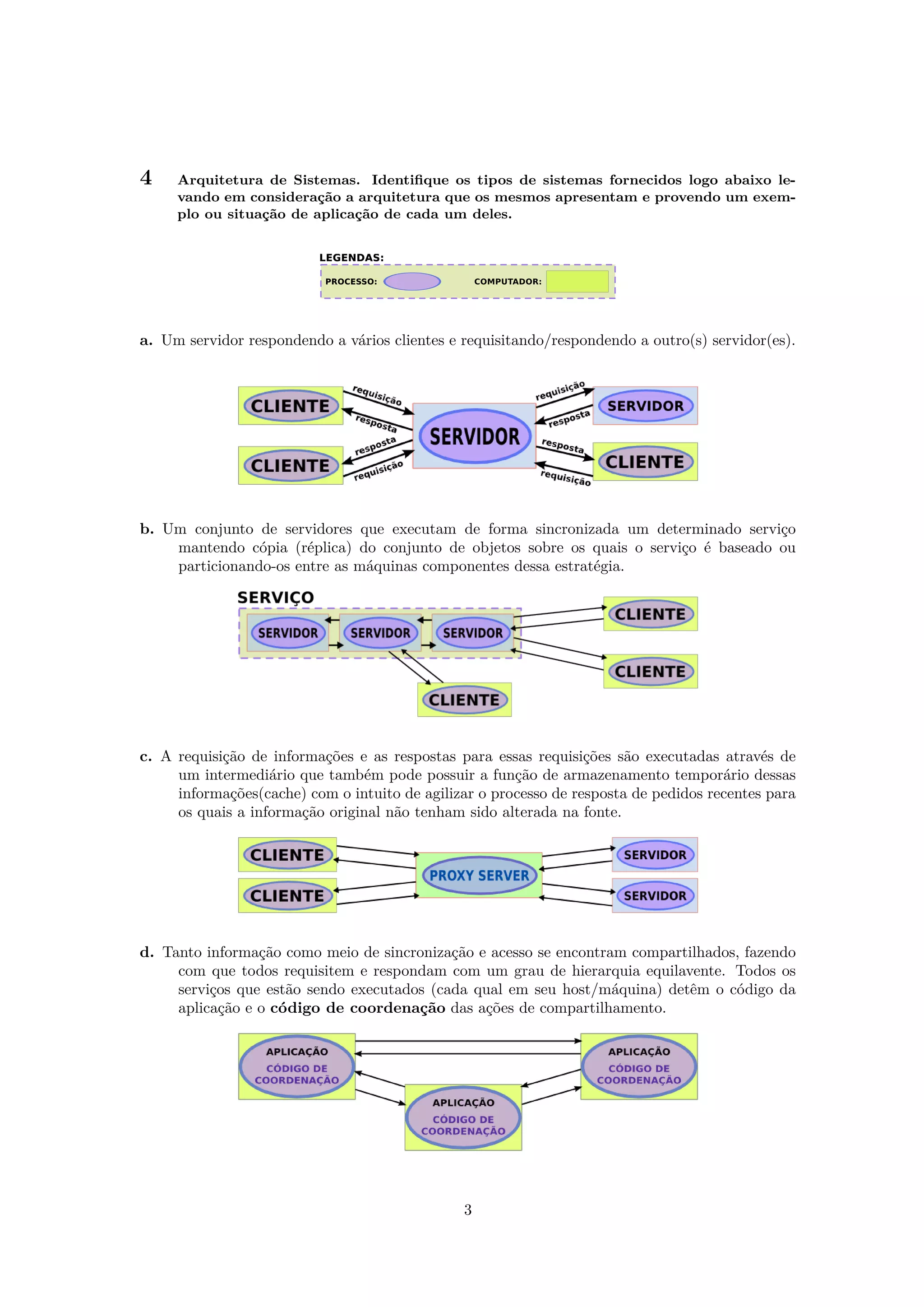 4

Arquitetura de Sistemas. Identiﬁque os tipos de sistemas fornecidos logo abaixo levando em consideração a arquitetura que os mesmos apresentam e provendo um exemplo ou situação de aplicação de cada um deles.

a. Um servidor respondendo a vários clientes e requisitando/respondendo a outro(s) servidor(es).

b. Um conjunto de servidores que executam de forma sincronizada um determinado serviço
mantendo cópia (réplica) do conjunto de objetos sobre os quais o serviço é baseado ou
particionando-os entre as máquinas componentes dessa estratégia.

c. A requisição de informações e as respostas para essas requisições são executadas através de
um intermediário que também pode possuir a função de armazenamento temporário dessas
informações(cache) com o intuito de agilizar o processo de resposta de pedidos recentes para
os quais a informação original não tenham sido alterada na fonte.

d. Tanto informação como meio de sincronização e acesso se encontram compartilhados, fazendo
com que todos requisitem e respondam com um grau de hierarquia equilavente. Todos os
serviços que estão sendo executados (cada qual em seu host/máquina) detêm o código da
aplicação e o código de coordenação das ações de compartilhamento.

3

 