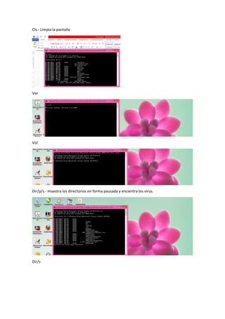 Cls.- Limpia la pantalla

Ver

Vol

Dir/p/s.- muestra los directorios en forma pausada y encientra los virus.

Dir/s

 