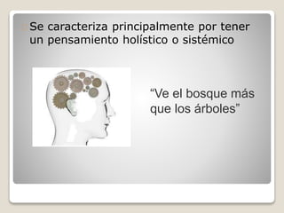 Se caracteriza principalmente por tener
un pensamiento holístico o sistémico
“Ve el bosque más
que los árboles”
 
