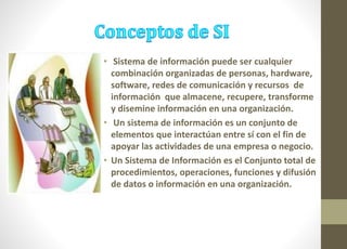 • Sistema de información puede ser cualquier 
combinación organizadas de personas, hardware, 
software, redes de comunicación y recursos de 
información que almacene, recupere, transforme 
y disemine información en una organización. 
• Un sistema de información es un conjunto de 
elementos que interactúan entre sí con el fin de 
apoyar las actividades de una empresa o negocio. 
• Un Sistema de Información es el Conjunto total de 
procedimientos, operaciones, funciones y difusión 
de datos o información en una organización. 
 