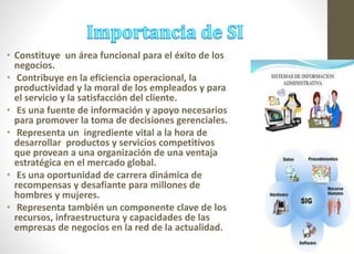 • Constituye un área funcional para el éxito de los 
negocios. 
• Contribuye en la eficiencia operacional, la 
productividad y la moral de los empleados y para 
el servicio y la satisfacción del cliente. 
• Es una fuente de información y apoyo necesarios 
para promover la toma de decisiones gerenciales. 
• Representa un ingrediente vital a la hora de 
desarrollar productos y servicios competitivos 
que provean a una organización de una ventaja 
estratégica en el mercado global. 
• Es una oportunidad de carrera dinámica de 
recompensas y desafiante para millones de 
hombres y mujeres. 
• Representa también un componente clave de los 
recursos, infraestructura y capacidades de las 
empresas de negocios en la red de la actualidad. 
 