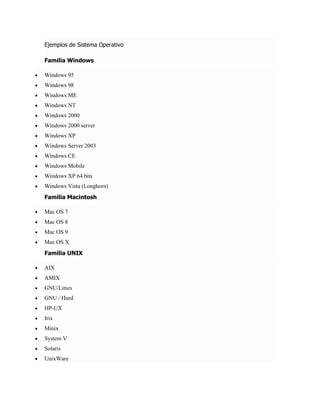 Ejemplos de Sistema Operativo 
Familia Windows 
 Windows 95 
 Windows 98 
 Windows ME 
 Windows NT 
 Windows 2000 
 Windows 2000 server 
 Windows XP 
 Windows Server 2003 
 Windows CE 
 Windows Mobile 
 Windows XP 64 bits 
 Windows Vista (Longhorn) 
Familia Macintosh 
 Mac OS 7 
 Mac OS 8 
 Mac OS 9 
 Mac OS X 
Familia UNIX 
 AIX 
 AMIX 
 GNU/Linux 
 GNU / Hurd 
 HP-UX 
 Irix 
 Minix 
 System V 
 Solaris 
 UnixWare 
 
