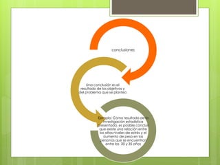 conclusiones
Una conclusión es el
resultado de los objetivos y
del problema que se planteo
Ejemplo: Como resultado de la
investigación estadística
presentada, es posible concluir
que existe una relación entre
los altos niveles de estrés y el
aumento de peso en las
personas que se encuentran
entre los 20 y 35 años
 