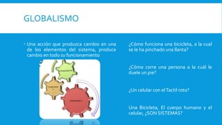 GLOBALISMO
 Una acción que produzca cambio en una
de los elementos del sistema, produce
cambio en todo su funcionamiento
¿Cómo funciona una bicicleta, a la cual
se le ha pinchado una llanta?
¿Cómo corre una persona a la cuál le
duele un pie?
¿Un celular con elTactil roto?
Una Bicicleta, El cuerpo humano y el
celular, ¿SON SISTEMAS?
 