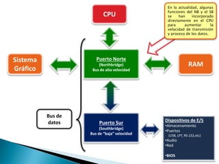 CPU
RAM
Sistema
Gráfico
Dispositivos de E/S
•Almacenamiento
•Puertos
(USB, LPT, RS-232,etc)
•Audio
•Red
•BIOS
Puerto Norte
(Northbridge)
Bus de alta velocidad
Puerto Sur
(Southbridge)
Bus de “baja” velocidad
Bus de
datos
En la actualidad, algunas
funciones del NB y el SB
se han incorporado
directamente en el CPU
para aumentar la
velocidad de transmisión
y proceso de los datos.
 