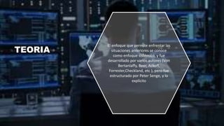 TEORIA
El enfoque que permite enfrentar las
situaciones anteriores se conoce
como enfoque sistémico, y fue
desarrollado por varios autores (Von
Bertanlaffy, Beer, Ackoff,
Forrester,Checkland, etc ), pero fue
estructurado por Peter Senge, y lo
explícito
 