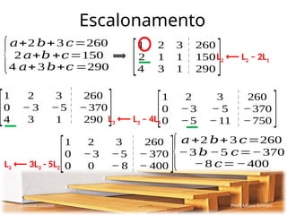Escalonamento
Sistemas Lineares Profª Juliana Schivani
{
𝑎+2 𝑏+3 𝑐=260
2 𝑎+𝑏 +𝑐=150
4 𝑎+3 𝑏+𝑐 =290
⟹
[
1 2 3 260
2 1 1 150
4 3 1 290 ]L2 L
⟵ 2 – 2L1
[
1 2 3 260
0 − 3 −5 −370
4 3 1 290 ]L3 L
⟵ 3 – 4L1
[
1 2 3 260
0 −3 − 5 −370
0 −5 −11 −750 ]
L3 3L
⟵ 3 - 5L2
[
1 2 3 260
0 −3 −5 − 370
0 0 − 8 − 400 ]{
𝑎+2 𝑏+ 3 𝑐=260
−3 𝑏 −5 𝑐=−370
−8 𝑐=−400
 