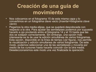 Creación de una guía de movimiento Nos colocamos en el fotograma 15 de esta misma capa y lo convertimos en un fotograma clave vacío ( Insertar>fotograma clave vacío )  Pegamos la otra media elipse, que se quedará descolocada con respecto a la otra. Para ajustar las semielipses podemos por supuesto hacerlo a ojo pivotando entre el fotograma 14 y el 15 hasta que las dos se solapen correctamente. Sin embargo, una opción más interesante es la de usar le edición simultanea de varios fotogramas. Esta opción, disponible en la línea de tiempo (ver figura), nos permite la visualización y edición simultanea de varios fotogramas. De este modo, podemos seleccionar una de las semielipses y moverla por medio de los cursores hasta hacerla coincidir con la otra media. Deseleccionaremos este modo una vez finalizada la operación.  