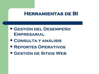 Herramientas de BI Gestión del Desempeño Empresarial Consulta y análisis Reportes Operativos Gestión de Sitios Web 