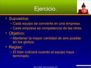 Ejercicio. Supuestos: Cada equipo se convierte en una empresa. Cada empresa es competencia de las otras. Objetivo: Mantener la mayor cantidad de aire posible en los globos. Reglas: El líder indicará cuando el equipo haya terminado. 