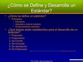 ¿Cómo se Define y Desarrolla un Estándar? ¿Cómo se define un estándar? Principios Consenso Aplicable a toda la industria Involucramiento voluntario ¿Qué etapas están establecidos para el desarrollo de un estándar? Propuesta Preparatoria De Comité De Consulta De Aprobación De Publicación Fuente:  http://www.iso.org/iso/en/stdsdevelopment/whowhenhow/how.html . Recuperado el 30 de enero de 2007. 