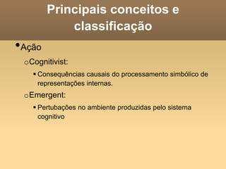 Principais conceitos e
classificação
•Ação
oCognitivist:
 Consequências causais do processamento simbólico de
representações internas.
oEmergent:
 Pertubações no ambiente produzidas pelo sistema
cognitivo
 