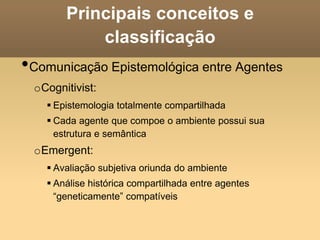 Principais conceitos e
classificação
•Comunicação Epistemológica entre Agentes
oCognitivist:
 Epistemologia totalmente compartilhada
 Cada agente que compoe o ambiente possui sua
estrutura e semântica
oEmergent:
 Avaliação subjetiva oriunda do ambiente
 Análise histórica compartilhada entre agentes
“geneticamente” compatíveis
 
