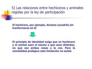 5) Las relaciones entre hechiceros y animales
regidas por la ley de participación


El hechicero, por ejemplo, deviene cocodrilo sin
tranformarse en él




El principio de identidad exige que un hechicero
y el animal sean el mismo o que sean distintos,
no que sea ambas cosas a la vez. Para la
mentalidad prelógica esta limitación no existe
 