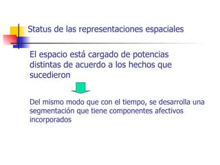 Status de las representaciones espaciales

El espacio está cargado de potencias
distintas de acuerdo a los hechos que
sucedieron


Del mismo modo que con el tiempo, se desarrolla una
segmentación que tiene componentes afectivos
incorporados
 