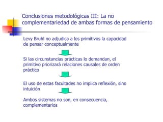 Conclusiones metodológicas III: La no
complementariedad de ambas formas de pensamiento

Levy Bruhl no adjudica a los primitivos la capacidad
de pensar conceptualmente


Si las circunstancias prácticas lo demandan, el
primitivo priorizará relaciones causales de orden
práctico


El uso de estas facultades no implica reflexión, sino
intuición

Ambos sistemas no son, en consecuencia,
complementarios
 
