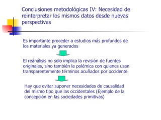 Conclusiones metodológicas IV: Necesidad de
reinterpretar los mismos datos desde nuevas
perspectivas


Es importante proceder a estudios más profundos de
los materiales ya generados


El reánálisis no solo implica la revisión de fuentes
originales, sino también la polémica con quienes usan
transparentemente términos acuñados por occidente


 Hay que evitar suponer necesidades de causalidad
 del mismo tipo que las occidentales (Ejemplo de la
 concepción en las sociedades primitivas)
 