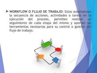  WORKFLOW O FLUJO DE TRABAJO: Estas automatizan
la secuencia de acciones, actividades o tareas en la
ejecución del proceso, permiten realizar un
seguimiento de cada etapa del mismo y aportan las
herramientas necesarias para su control o gestión del
flujo de trabajo.
 