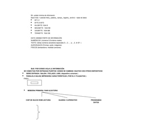 Bit unidad mínima de información
             Byte 8 bits 1 carácter-letra_ palabra_ campo_ registro_ archivo – base de datos
                 BIT 0,1
                 BYTE 8 BITS
                 KILOBYTE 1024 B
                 MEGABYTE 1024 KB
                 GIGABYTE 1024 MB
                 TERABYTE 1024 GB


             DATO: MINIMA PARTE DE INFORMACIÓN
             NUMÉRICOS: (números 0,9 enteros reales)
             TEXTO: (letras números caracteres especiales A....Z.......a.....Z...#, $? )
             AUDIVISUALES (Formas, audio, imágenes)
             FÍSICOS (temperatura, medidas censores)




           BUS: POR DONDE VIAJA LA INFORMACIÓN.
    SE CONECTAN POR ENTRADAS PUERTOS DONDE SE CAMBIAN DAATOS CON OTROS DISPOSITIVOS
       SERIE ENTRADA / SALIDA ( TECLADO ) USB ( dispositivo universal )
       PARALELO SALIDA IMPRESORA CARACTERÍSTICAS ( POR EL # PLAQUITAS )
    PINEX




        MEMORIA PRIMARIA RAM ALEATORIA




        CHIP DE SILICIO ROM LECTURA                   GUARDA S.OPERATIVO                       PROGRAMAS
                                                                                                 DATOS
 