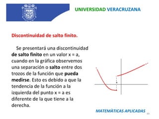 UNIVERSIDAD  VERACRUZANA MATEMÀTICAS APLICADAS Discontinuidad de salto finito.      Se presentará una discontinuidad  de salto finito  en un valor x = a, cuando en la gráfica observemos una separación o  salto  entre dos trozos de la función que  pueda medirse . Esto es debido a que la tendencia de la función a la izquierda del punto x = a es diferente de la que tiene a la derecha.  