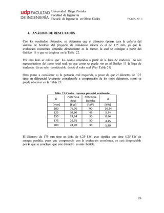 Universidad Diego Portales
Facultad de Ingeniería
Escuela de Ingeniería en Obras Civiles TAREA N°: 1
26
4. ANÁLISIS DE RESULTADOS
Con los resultados obtenidos, se determina que el diámetro óptimo para la cañería del
sistema de bombeo del proyecto de instalación minera es el de 175 mm, ya que la
evaluación económica obtenida directamente es la menor, la cual se consigue a partir del
Gráfico 11 y que se desglosa en la Tabla 22.
Por otro lado se estima que los costos obtenidos a partir de la línea de tendencia no son
representativos del costo total real, ya que como se puede ver en el Grafico 11 la línea de
tendencia da un salto considerable desde el valor real (Ver Tabla 21)
Otro punto a considerar es la potencia real requerida, a pesar de que el diámetro de 175
tiene un diferencial levemente considerable a comparación de los otros diámetros, como se
puede observar en la Tabla 23:
Tabla 23: Cuadro resumen potencial real-bomba
D
Potencia
Real
Potencia
Bomba
Δ
[mm] [kW] [kW] [kW]
100 75,76 90 14,24
125 39,66 45 5,34
150 29,34 30 0,66
175 25,75 30 4,25
200 24,20 30 5,80
El diámetro de 175 mm tiene un delta de 4,25 kW, esto significa que tiene 4,25 kW de
energía perdida, pero que comparando con la evaluación económica, es casi despreciable
por lo que se concluye que este diámetro es más factible.
 