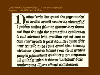 Gótica libraria: fragmento del cód. 537 con Statuta synodalia Pragensia, 1386. Bilbl. Nac. de Viena Imagen: Fernando de Lasala, S.I. Editrice Pontificia Università Gregoriana Roma 