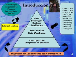 Nivel Operativo Integración de Sistemas Nivel Táctico Data Warehouse Nivel  Estratégico Business Intelligence CRM, e-CRM CRM, e-CRM SCM, e-SCM ERP, TQM BRM, PRM ABCM, EVA E-commerce E-marketing E-learning E-business  Intelligence Metodología  Integradora de  Procesos  Empresariales  (MIPE) Ingeniería del Conocimiento con CommonKADS Balance ScoreCard Introducción 