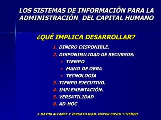 LOS SISTEMAS DE INFORMACIÓN PARA LA ADMINISTRACIÓN  DEL CAPITAL HUMANO DINERO DISPONIBLE. DISPONIBILIDAD DE RECURSOS: TIEMPO MANO DE OBRA TECNOLOGÍA TIEMPO EJECUTIVO. IMPLEMENTACIÓN. VERSATILIDAD AD-HOC ¿QUÉ IMPLICA DESARROLLAR? A MAYOR ALCANCE Y VERSATILIDAD, MAYOR COSTO Y TIEMPO 
