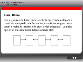 06/06/09 SISTEMAS DE NAVEGACION MULTIMEDIA Lineal Básica   Una organización lineal pura facilita la progresión ordenada a través del cuerpo de la información, esta forma asegura que el usuario reciba la información en el orden adecuado.  La única opción es moverse hacia delante o hacia atrás   