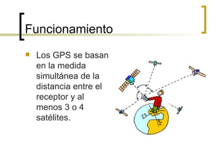 Funcionamiento <ul><li>Los GPS se basan en la medida simultánea de la distancia entre el receptor y al menos 3 o 4 satélit...