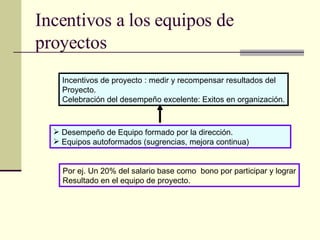 Incentivos a los equipos de proyectos Incentivos de proyecto : medir y recompensar resultados del  Proyecto.  Celebración del desempeño excelente: Exitos en organización. Desempeño de Equipo formado por la dirección. Equipos autoformados (sugrencias, mejora continua) Por ej. Un 20% del salario base como  bono por participar y lograr Resultado en el equipo de proyecto.  