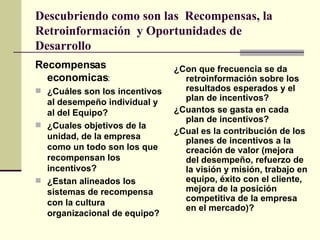 Descubriendo como son las  Recompensas, la Retroinformación  y Oportunidades de Desarrollo Recompensas economicas : ¿Cuáles son los incentivos al desempeño individual y al del Equipo? ¿Cuales objetivos de la unidad, de la empresa como un todo son los que recompensan los incentivos? ¿Estan alineados los sistemas de recompensa con la cultura organizacional de equipo? ¿Con que frecuencia se da retroinformación sobre los resultados esperados y el plan de incentivos? ¿Cuantos se gasta en cada plan de incentivos? ¿Cual es la contribución de los planes de incentivos a la creación de valor (mejora del desempeño, refuerzo de la visión y misión, trabajo en equipo, éxito con el cliente, mejora de la posición competitiva de la empresa en el mercado)? 