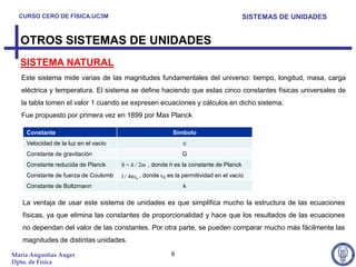 CURSO CERO DE FÍSICA.UC3M                                                               SISTEMAS DE UNIDADES


  OTROS SISTEMAS DE UNIDADES
  SISTEMA NATURAL
   Este sistema mide varias de las magnitudes fundamentales del universo: tiempo, longitud, masa, carga
   eléctrica y temperatura. El sistema se define haciendo que estas cinco constantes físicas universales de
   la tabla tomen el valor 1 cuando se expresen ecuaciones y cálculos en dicho sistema.
   Fue propuesto por primera vez en 1899 por Max Planck

    Constante                                                  Símbolo
    Velocidad de la luz en el vacío                                c
    Constante de gravitación                                      G
    Constante reducida de Planck       = h / 2m , donde h es la constante de Planck
    Constante de fuerza de Coulomb    1 / 4πε0 , donde   0   es la permitividad en el vacío
    Constante de Boltzmann                                         k

   La ventaja de usar este sistema de unidades es que simplifica mucho la estructura de las ecuaciones
   físicas, ya que elimina las constantes de proporcionalidad y hace que los resultados de las ecuaciones
   no dependan del valor de las constantes. Por otra parte, se pueden comparar mucho más fácilmente las
   magnitudes de distintas unidades.

María Angustias Auger                                         9
Dpto. de Física
 