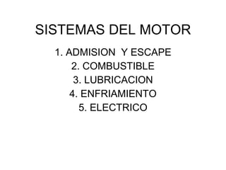 SISTEMAS DEL MOTOR 1. ADMISION  Y ESCAPE 2. COMBUSTIBLE 3. LUBRICACION 4. ENFRIAMIENTO 5. ELECTRICO 