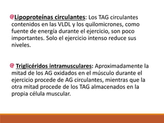 Lipoproteínas circulantes: Los TAG circulantes
contenidos en las VLDL y los quilomicrones, como
fuente de energía durante el ejercicio, son poco
importantes. Solo el ejercicio intenso reduce sus
niveles.
Triglicéridos intramusculares: Aproximadamente la
mitad de los AG oxidados en el músculo durante el
ejercicio procede de AG circulantes, mientras que la
otra mitad procede de los TAG almacenados en la
propia célula muscular.
 