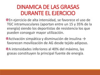 En ejercicio de alta intensidad, se favorece el uso de
TGC intramusculares (aportan entre un 15 y 35% de la
energía) siendo los deportistas de resistencia los que
pueden conseguir mayor utilización.
Activación simpática y disminución de insulina →
favorecen movilización de AG desde tejido adiposo.
A intensidades inferiores al 40% del máximo, las
grasas constituyen la principal fuente de energía.
DINAMICA DE LAS GRASAS
DURANTE EL EJERCICIO
 