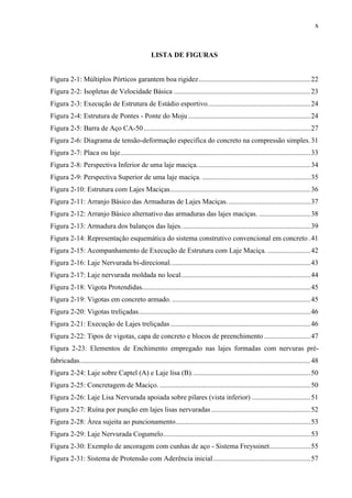 x
LISTA DE FIGURAS
Figura 2-1: Múltiplos Pórticos garantem boa rigidez...............................................................22
Figura 2-2: Isopletas de Velocidade Básica .............................................................................23
Figura 2-3: Execução de Estrutura de Estádio esportivo..........................................................24
Figura 2-4: Estrutura de Pontes - Ponte do Moju.....................................................................24
Figura 2-5: Barra de Aço CA-50..............................................................................................27
Figura 2-6: Diagrama de tensão-deformação especifica do concreto na compressão simples.31
Figura 2-7: Placa ou laje...........................................................................................................33
Figura 2-8: Perspectiva Inferior de uma laje maciça................................................................34
Figura 2-9: Perspectiva Superior de uma laje maciça. .............................................................35
Figura 2-10: Estrutura com Lajes Maciças...............................................................................36
Figura 2-11: Arranjo Básico das Armaduras de Lajes Maciças. ..............................................37
Figura 2-12: Arranjo Básico alternativo das armaduras das lajes maciças. .............................38
Figura 2-13: Armadura dos balanços das lajes.........................................................................39
Figura 2-14: Representação esquemática do sistema construtivo convencional em concreto .41
Figura 2-15: Acompanhamento de Execução de Estrutura com Laje Maciça. ........................42
Figura 2-16: Laje Nervurada bi-direcional...............................................................................43
Figura 2-17: Laje nervurada moldada no local.........................................................................44
Figura 2-18: Vigota Protendidas...............................................................................................45
Figura 2-19: Vigotas em concreto armado. ..............................................................................45
Figura 2-20: Vigotas treliçadas.................................................................................................46
Figura 2-21: Execução de Lajes treliçadas...............................................................................46
Figura 2-22: Tipos de vigotas, capa de concreto e blocos de preenchimento ..........................47
Figura 2-23: Elementos de Enchimento empregado nas lajes formadas com nervuras pré-
fabricadas..................................................................................................................................48
Figura 2-24: Laje sobre Captel (A) e Laje lisa (B)...................................................................50
Figura 2-25: Concretagem de Maciço. .....................................................................................50
Figura 2-26: Laje Lisa Nervurada apoiada sobre pilares (vista inferior) .................................51
Figura 2-27: Ruína por punção em lajes lisas nervuradas........................................................52
Figura 2-28: Área sujeita ao puncionamento............................................................................53
Figura 2-29: Laje Nervurada Cogumelo...................................................................................53
Figura 2-30: Exemplo de ancoragem com cunhas de aço - Sistema Freyssinet.......................55
Figura 2-31: Sistema de Protensão com Aderência inicial.......................................................57
 