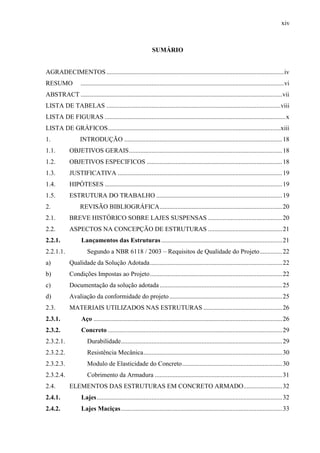 xiv
SUMÁRIO
AGRADECIMENTOS..............................................................................................................iv
RESUMO ..............................................................................................................................vi
ABSTRACT .............................................................................................................................vii
LISTA DE TABELAS ............................................................................................................viii
LISTA DE FIGURAS ................................................................................................................x
LISTA DE GRÁFICOS...........................................................................................................xiii
1. INTRODUÇÃO ..................................................................................................18
1.1. OBJETIVOS GERAIS...............................................................................................18
1.2. OBJETIVOS ESPECIFICOS ....................................................................................18
1.3. JUSTIFICATIVA ......................................................................................................19
1.4. HIPÓTESES ..............................................................................................................19
1.5. ESTRUTURA DO TRABALHO ..............................................................................19
2. REVISÃO BIBLIOGRÁFICA............................................................................20
2.1. BREVE HISTÓRICO SOBRE LAJES SUSPENSAS ..............................................20
2.2. ASPECTOS NA CONCEPÇÃO DE ESTRUTURAS ..............................................21
2.2.1. Lançamentos das Estruturas...........................................................................21
2.2.1.1. Segundo a NBR 6118 / 2003 – Requisitos de Qualidade do Projeto..............22
a) Qualidade da Solução Adotada..................................................................................22
b) Condições Impostas ao Projeto..................................................................................22
c) Documentação da solução adotada............................................................................25
d) Avaliação da conformidade do projeto......................................................................25
2.3. MATERIAIS UTILIZADOS NAS ESTRUTURAS .................................................26
2.3.1. Aço .....................................................................................................................26
2.3.2. Concreto ............................................................................................................29
2.3.2.1. Durabilidade....................................................................................................29
2.3.2.2. Resistência Mecânica......................................................................................30
2.3.2.3. Modulo de Elasticidade do Concreto..............................................................30
2.3.2.4. Cobrimento da Armadura ...............................................................................31
2.4. ELEMENTOS DAS ESTRUTURAS EM CONCRETO ARMADO........................32
2.4.1. Lajes...................................................................................................................32
2.4.2. Lajes Maciças....................................................................................................33
 