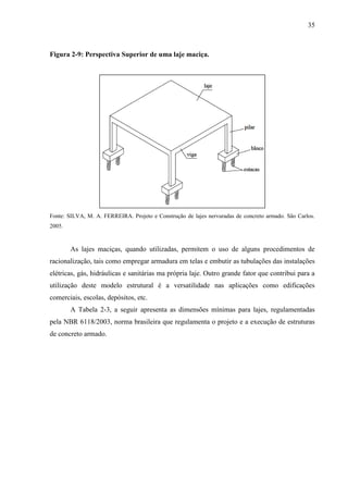 35
Figura 2-9: Perspectiva Superior de uma laje maciça.
Fonte: SILVA, M. A. FERREIRA. Projeto e Construção de lajes nervuradas de concreto armado. São Carlos.
2005.
As lajes maciças, quando utilizadas, permitem o uso de alguns procedimentos de
racionalização, tais como empregar armadura em telas e embutir as tubulações das instalações
elétricas, gás, hidráulicas e sanitárias ma própria laje. Outro grande fator que contribui para a
utilização deste modelo estrutural é a versatilidade nas aplicações como edificações
comerciais, escolas, depósitos, etc.
A Tabela 2-3, a seguir apresenta as dimensões mínimas para lajes, regulamentadas
pela NBR 6118/2003, norma brasileira que regulamenta o projeto e a execução de estruturas
de concreto armado.
 