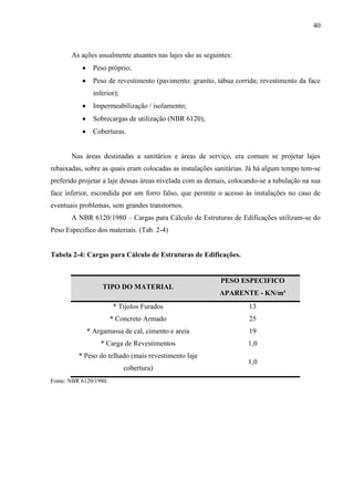 40
As ações usualmente atuantes nas lajes são as seguintes:
Peso próprio;
Peso de revestimento (pavimento: granito, tábua corrida; revestimento da face
inferior);
Impermeabilização / isolamento;
Sobrecargas de utilização (NBR 6120);
Coberturas.
Nas áreas destinadas a sanitários e áreas de serviço, era comum se projetar lajes
rebaixadas, sobre as quais eram colocadas as instalações sanitárias. Já há algum tempo tem-se
preferido projetar a laje dessas áreas nivelada com as demais, colocando-se a tubulação na sua
face inferior, escondida por um forro falso, que permite o acesso às instalações no caso de
eventuais problemas, sem grandes transtornos.
A NBR 6120/1980 – Cargas para Cálculo de Estruturas de Edificações utilizam-se do
Peso Especifico dos materiais. (Tab. 2-4)
Tabela 2-4: Cargas para Cálculo de Estruturas de Edificações.
TIPO DO MATERIAL
PESO ESPECIFICO
APARENTE - KN/m³
* Tijolos Furados 13
* Concreto Armado 25
* Argamassa de cal, cimento e areia 19
* Carga de Revestimentos 1,0
* Peso do telhado (mais revestimento laje
cobertura)
1,0
Fonte: NBR 6120/1980.
 