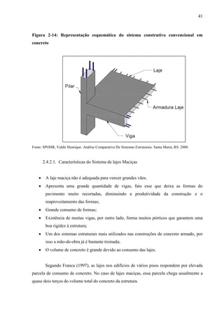 41
Figura 2-14: Representação esquemática do sistema construtivo convencional em
concreto
Fonte: SPOHR, Valdir Henrique. Análise Comparativa De Sistemas Estruturais. Santa Maria, RS. 2008.
2.4.2.1. Características do Sistema de lajes Maciças
A laje maciça não é adequada para vencer grandes vãos.
Apresenta uma grande quantidade de vigas, fato esse que deixa as formas do
pavimento muito recortadas, diminuindo a produtividade da construção e o
reaproveitamento das formas;
Grande consumo de formas;
Existência de muitas vigas, por outro lado, forma muitos pórticos que garantem uma
boa rigidez à estrutura;
Um dos sistemas estruturais mais utilizados nas construções de concreto armado, por
isso a mão-de-obra já é bastante treinada;
O volume de concreto é grande devido ao consumo das lajes.
Segundo Franca (1997), as lajes nos edifícios de vários pisos respondem por elevada
parcela de consumo de concreto. No caso de lajes maciças, essa parcela chega usualmente a
quase dois terços do volume total do concreto da estrutura.
 