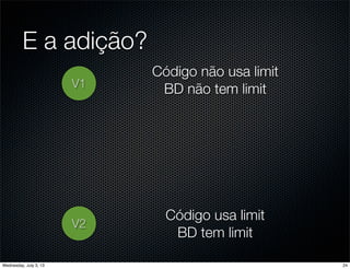 E a adição?
V1
Código não usa limit
BD não tem limit
V2
Código usa limit
BD tem limit
24Wednesday, July 3, 13
 