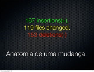 Anatomia de uma mudança
167 insertions(+),
119 ﬁles changed,
153 deletions(-)
3Wednesday, July 3, 13
 