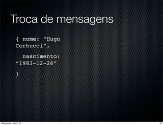 Troca de mensagens
{ nome: “Hugo
Corbucci”,
nascimento:
“1983-12-26”
}
43Wednesday, July 3, 13
 