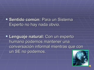 Sentido común:  Para un Sistema Experto no hay nada obvio. Lenguaje natural:  Con un experto humano podemos mantener una conversación informal mientras que con un SE no podemos.  