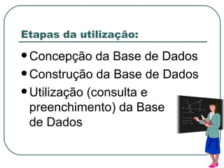 Etapas da utilização: Concepção da Base de Dados Construção da Base de Dados Utilização (consulta e preenchimento) da Base de Dados 