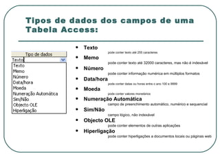 Tipos de dados dos campos de uma Tabela Access: Texto pode conter texto até 255 caracteres Memo pode conter texto até 32000 caracteres, mas não é indexável Número pode conter informação numérica em múltiplos formatos Data/hora pode conter datas ou horas entre o ano 100 e 9999 Moeda pode conter valores monetários Numeração Automática campo de preenchimento automático, numérico e sequencial Sim/Não campo lógico, não indexável Objecto OLE pode conter elementos de outras aplicações Hiperligação pode conter hiperligações a documentos locais ou páginas web 