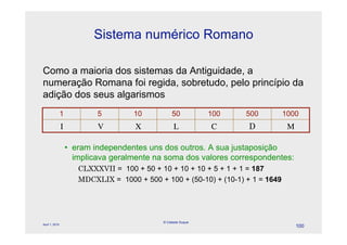 Sistema numérico Romano

Como a maioria dos sistemas da Antiguidade, a
numeração Romana foi regida, sobretudo, pelo princípio da
adição dos seus algarismos
                1           5         10           50           100   500         1000
                &           %         $             #           "     D            !

                    • eram independentes uns dos outros. A sua justaposição
                      implicava geralmente na soma dos valores correspondentes:
                       CLXXXVII = 100 + 50 + 10 + 10 + 10 + 5 + 1 + 1 = 187
                       MDCXLIX = 1000 + 500 + 100 + (50-10) + (10-1) + 1 = 1649




                                              © Celeste Duque
April 1, 2010
                                                                                       100
 